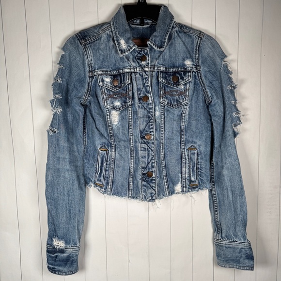 Abercrombie & Fitch Jackets & Blazers - Abercrombie Fitch Heavily Distressed Ripped Denim Cropped Jean Jacket Y2K Small